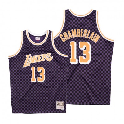 Mitchell & Ness Los Angeles Lakers #13 Wilt Chamberlain Purple Checkerboard HWC Throwback NBA Jersey Men's